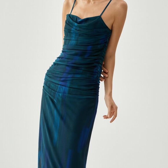 Low Cut Draped Layered Mesh Midi Dress - Picture 1 of 4